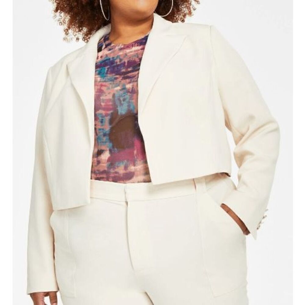 NINA PARKER Trendy Plus Size Cropped Open-front Blazer In White 3X
